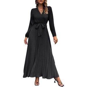 Black Pleated XXL Long Sleeve Wrap Dress With Tie Waist